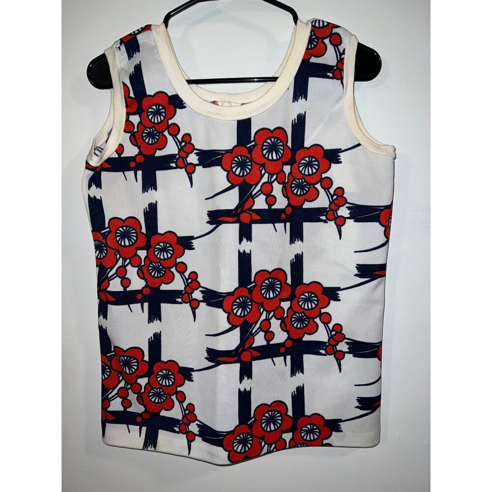 Vintage Sleeveless Floral Pattern Womens Tank L(16-18)  Red & Navy